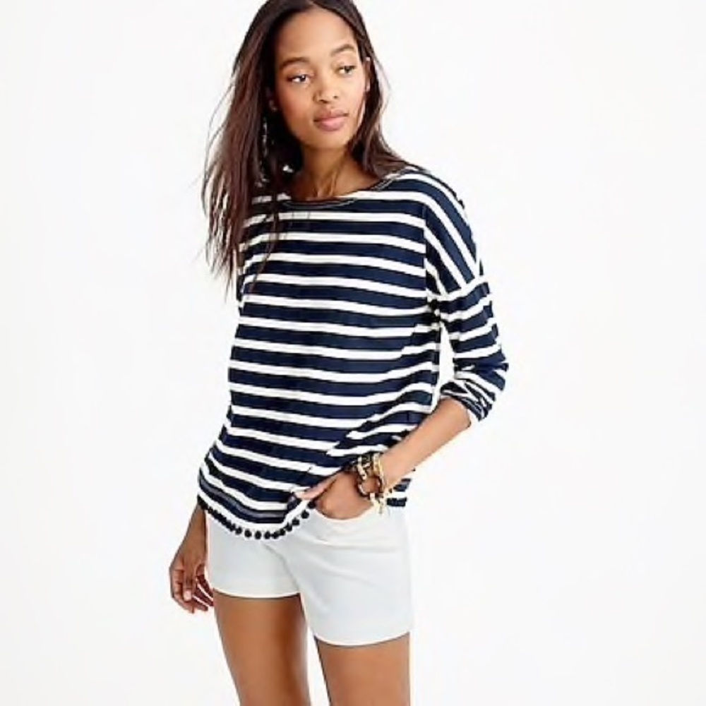 J. Crew Navy & white striped shirt Pompoms hem nautical 100% cotton preppy XS